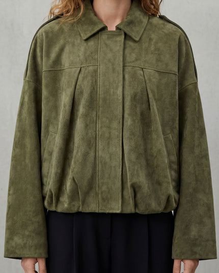 Women's Oversized Bomber Jacket in Pleated Faux Suede
