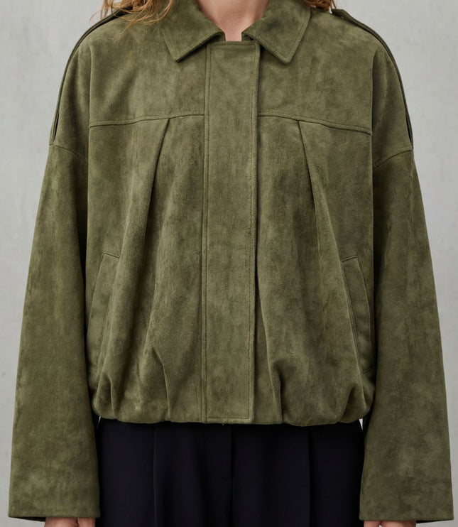 Women's Oversized Bomber Jacket in Pleated Faux Suede