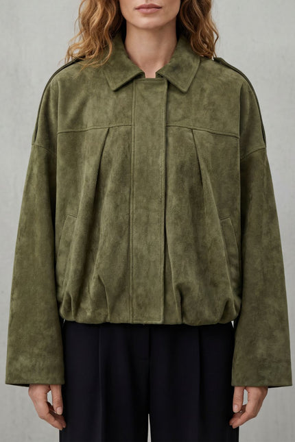 Women's Oversized Bomber Jacket in Pleated Faux Suede