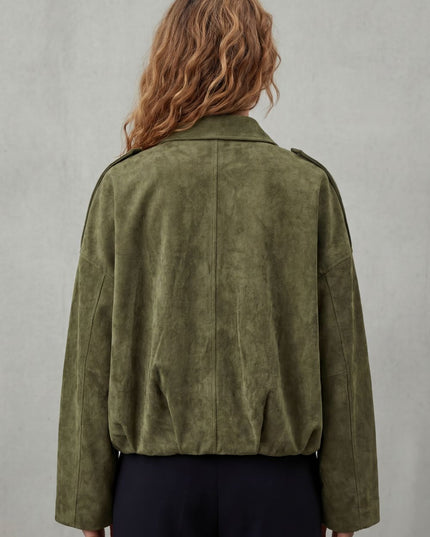 Women's Oversized Bomber Jacket in Pleated Faux Suede