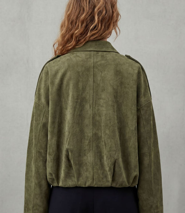 Women's Oversized Bomber Jacket in Pleated Faux Suede