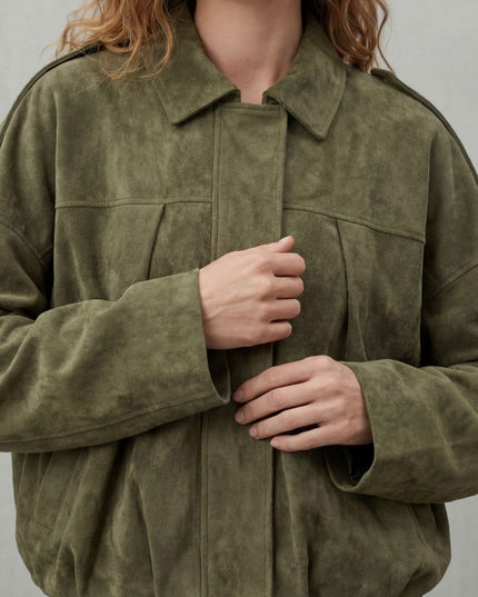 Women's Oversized Bomber Jacket in Pleated Faux Suede