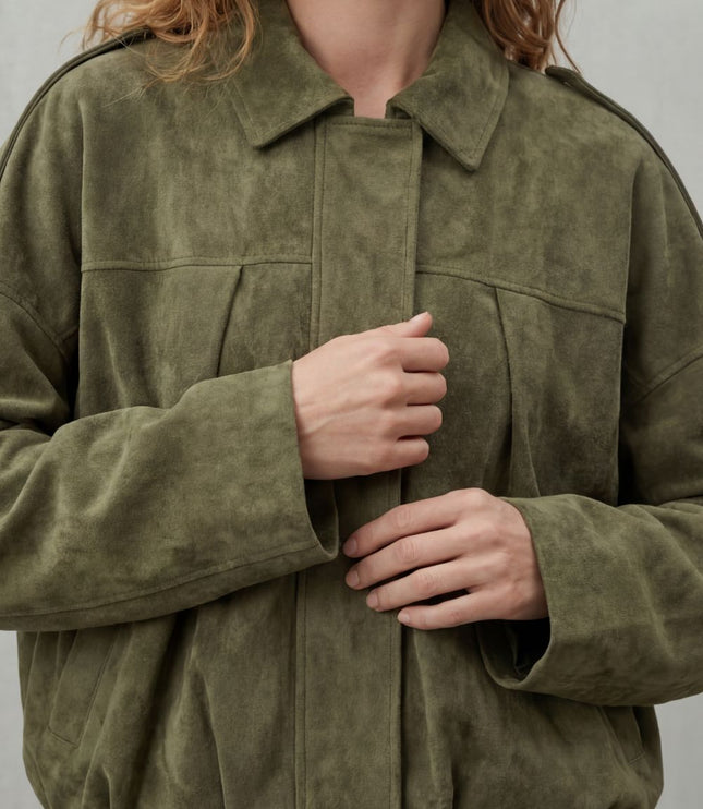 Women's Oversized Bomber Jacket in Pleated Faux Suede