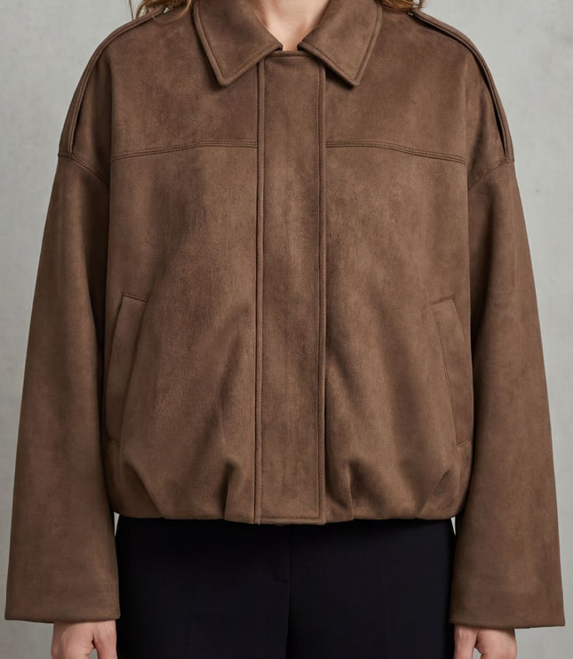 Women's Oversized Bomber Jacket in Pleated Faux Suede