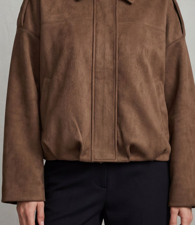 Women's Oversized Bomber Jacket in Pleated Faux Suede
