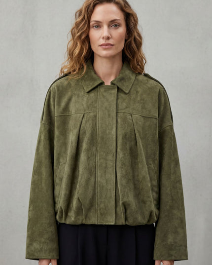 Women's Oversized Bomber Jacket in Pleated Faux Suede