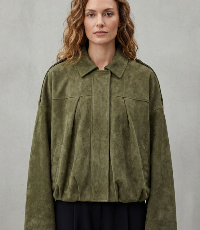 Women's Oversized Bomber Jacket in Pleated Faux Suede