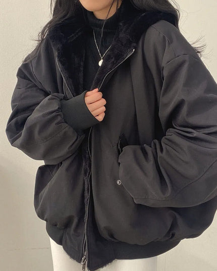 Women's Oversized Bomber Jacket with Faux Shearling Hood