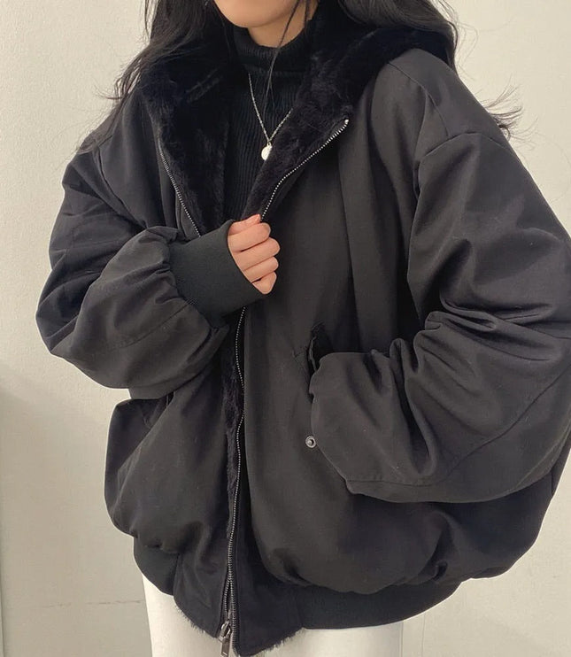 Women's Oversized Bomber Jacket with Faux Shearling Hood