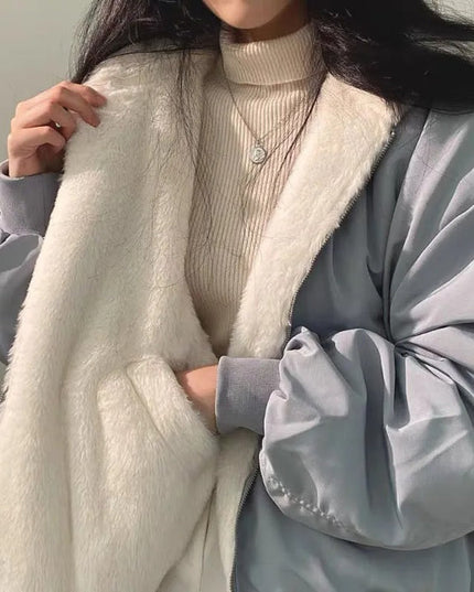 Women's Oversized Bomber Jacket with Faux Shearling Hood