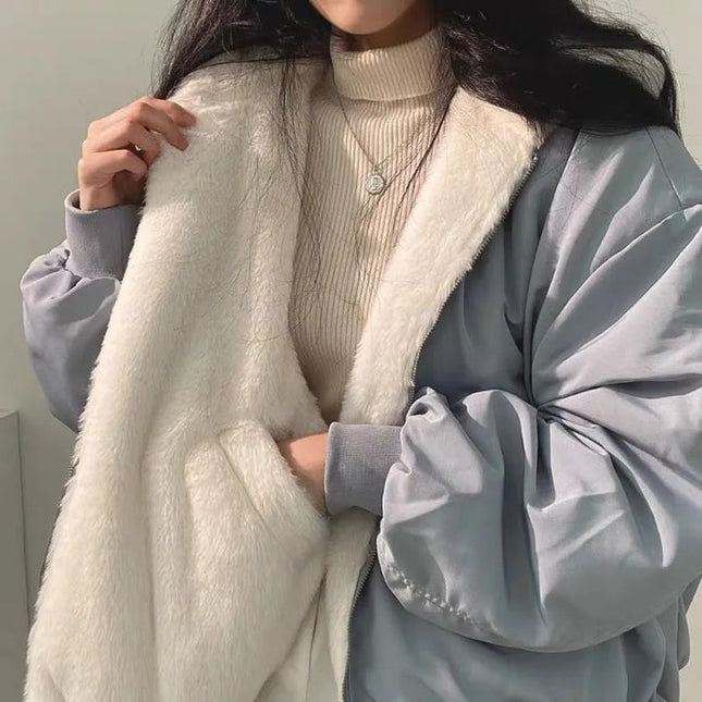 Women's Oversized Bomber Jacket with Faux Shearling Hood