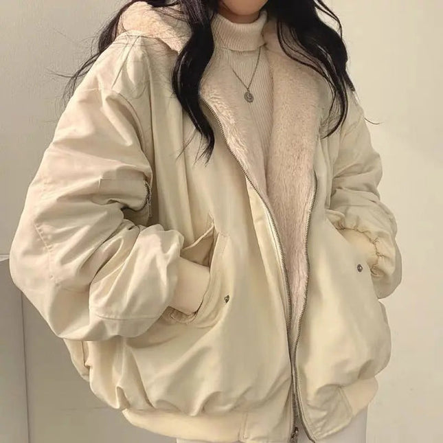 Women's Oversized Bomber Jacket with Faux Shearling Hood