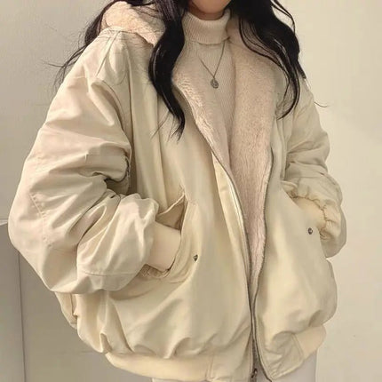 Women's Oversized Bomber Jacket with Faux Shearling Hood