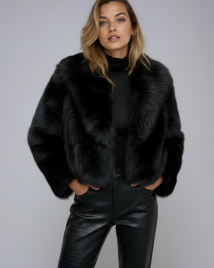 Women's Oversized Cropped Jacket in Black Faux Fur