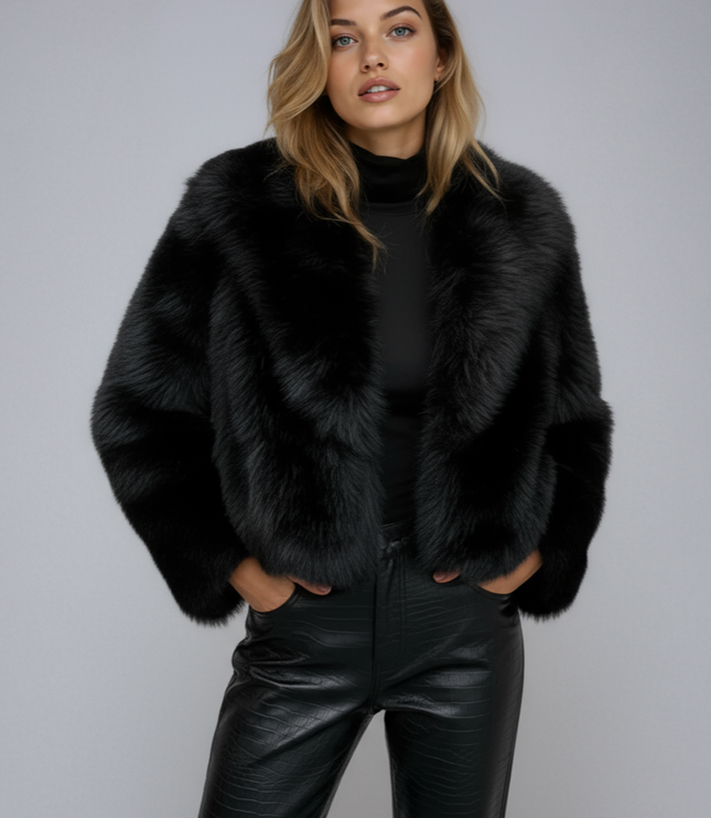 Women's Oversized Cropped Jacket in Black Faux Fur