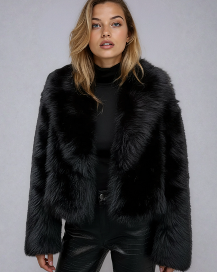 Women's Oversized Cropped Jacket in Black Faux Fur