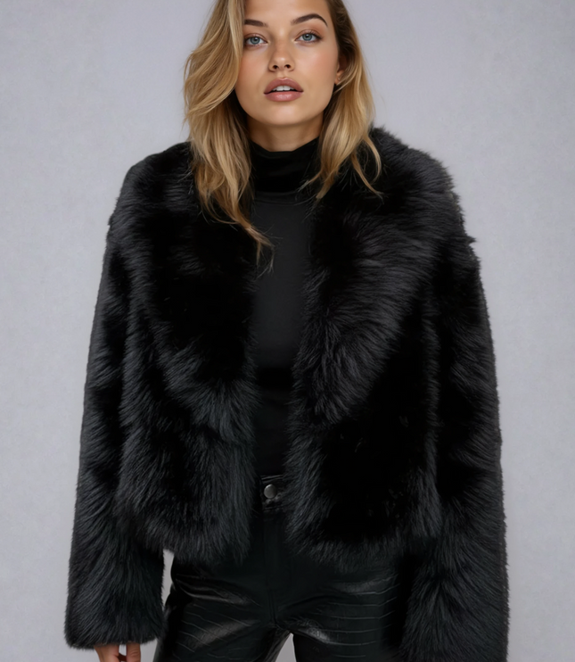 Women's Oversized Cropped Jacket in Black Faux Fur