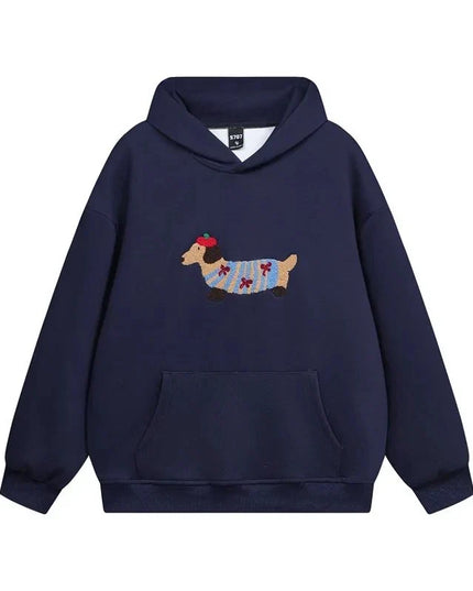 Women's Oversized Pullover Hoodie with Dachshund Embroidery
