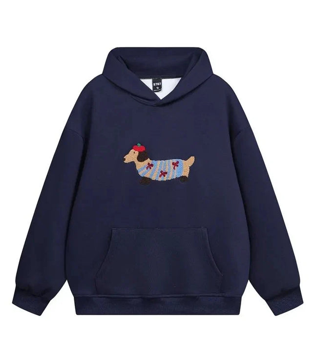 Women's Oversized Pullover Hoodie with Dachshund Embroidery