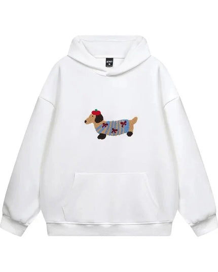 Women's Oversized Pullover Hoodie with Dachshund Embroidery