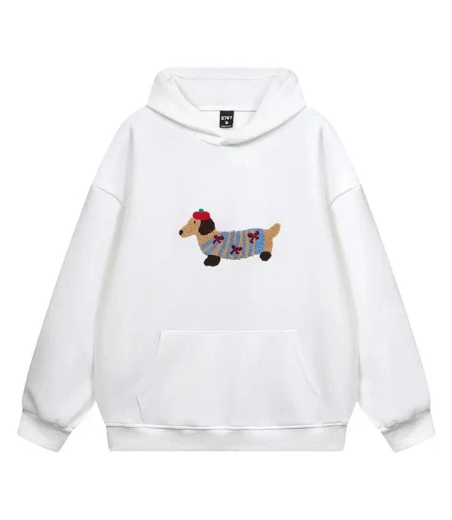 Women's Oversized Pullover Hoodie with Dachshund Embroidery