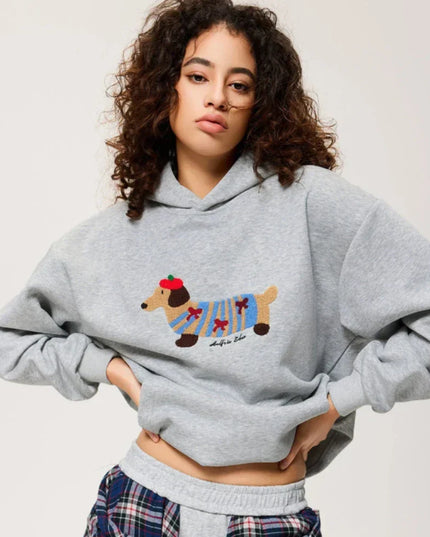 Women's Oversized Pullover Hoodie with Dachshund Embroidery