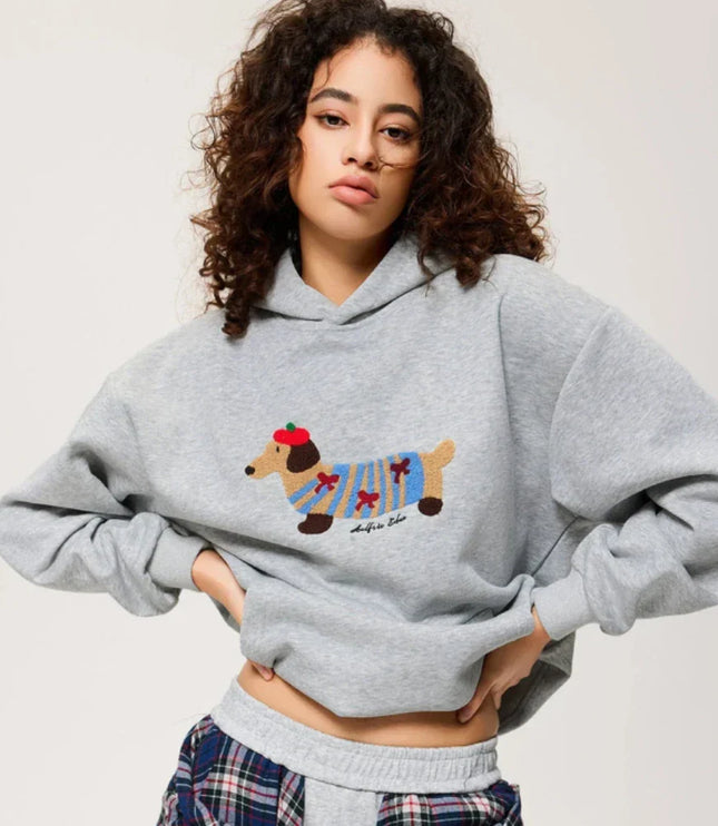 Women's Oversized Pullover Hoodie with Dachshund Embroidery