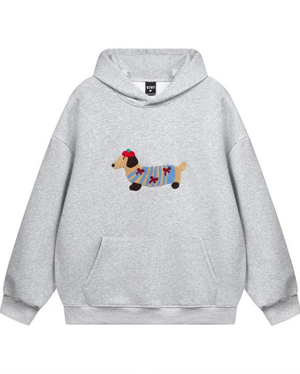 Women's Oversized Pullover Hoodie with Dachshund Embroidery
