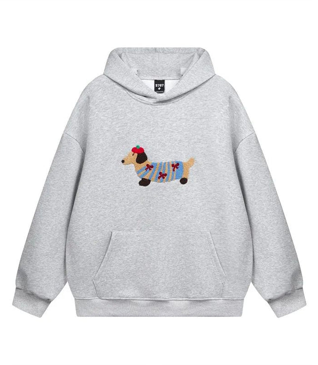 Women's Oversized Pullover Hoodie with Dachshund Embroidery