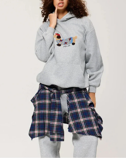 Women's Oversized Pullover Hoodie with Dachshund Embroidery