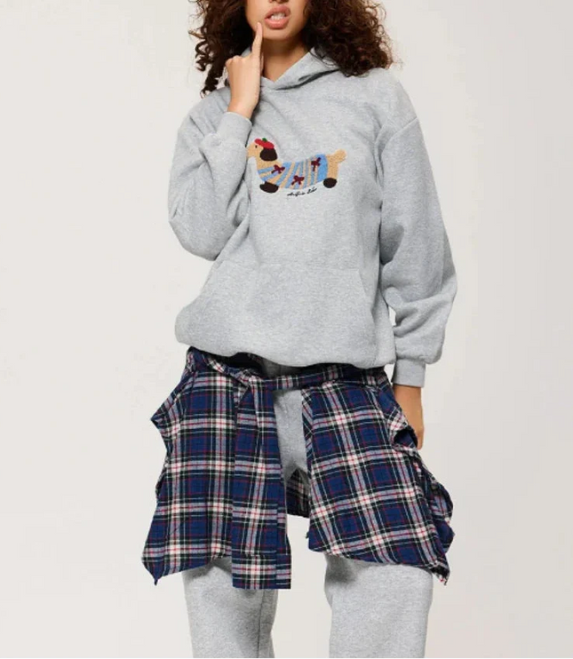 Women's Oversized Pullover Hoodie with Dachshund Embroidery