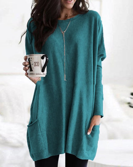 Women's Oversized Round-Neck Sweater Dress with Side Pockets