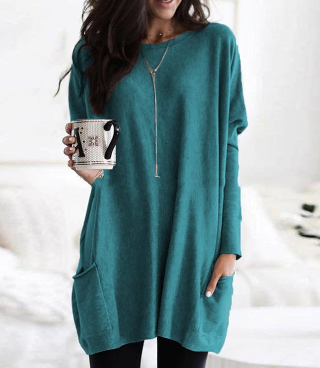 Women's Oversized Round-Neck Sweater Dress with Side Pockets
