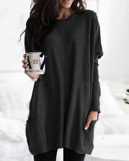 Women's Oversized Round-Neck Sweater Dress with Side Pockets