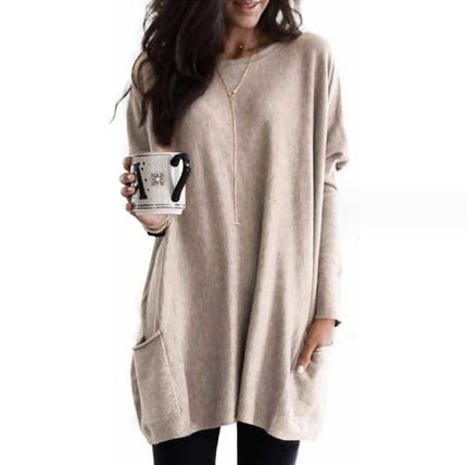 Women's Oversized Round-Neck Sweater Dress with Side Pockets