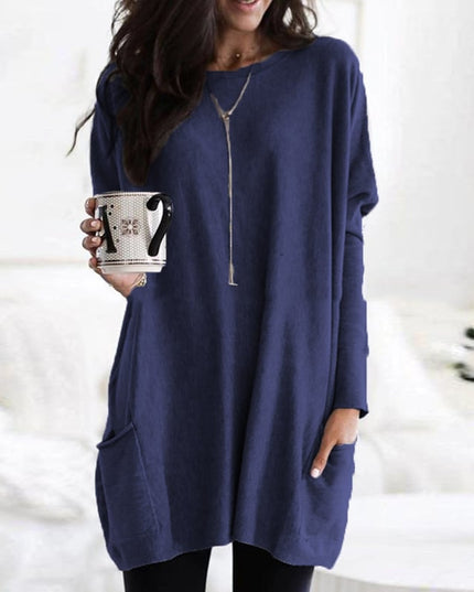 Women's Oversized Round-Neck Sweater Dress with Side Pockets