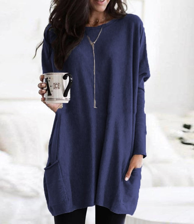 Women's Oversized Round-Neck Sweater Dress with Side Pockets