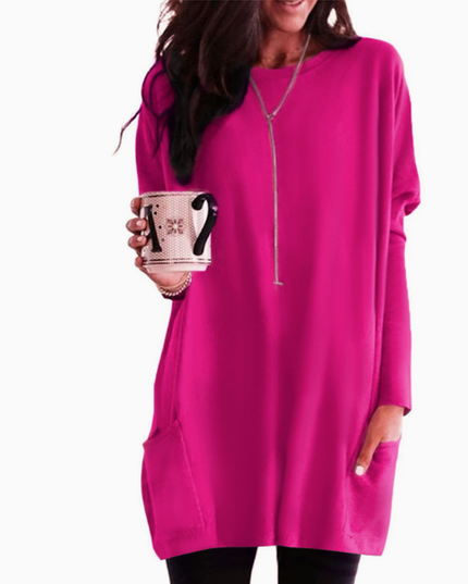 Women's Oversized Round-Neck Sweater Dress with Side Pockets
