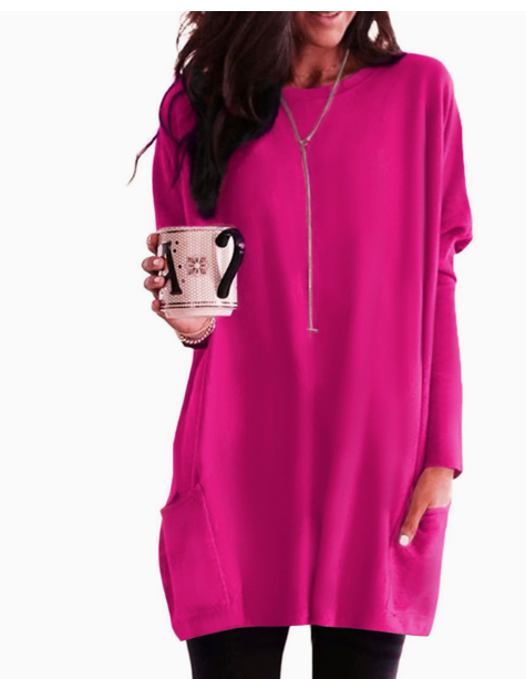 Women's Oversized Round-Neck Sweater Dress with Side Pockets