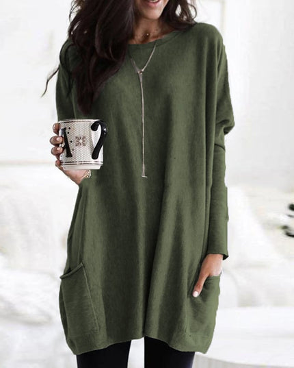 Women's Oversized Round-Neck Sweater Dress with Side Pockets