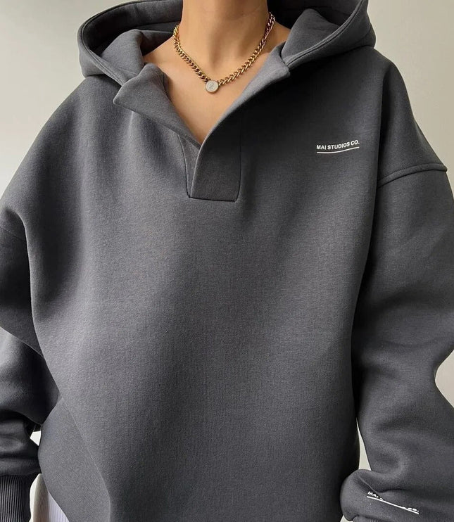 Women's Oversized V-Neck Hoodie with Dropped Shoulders