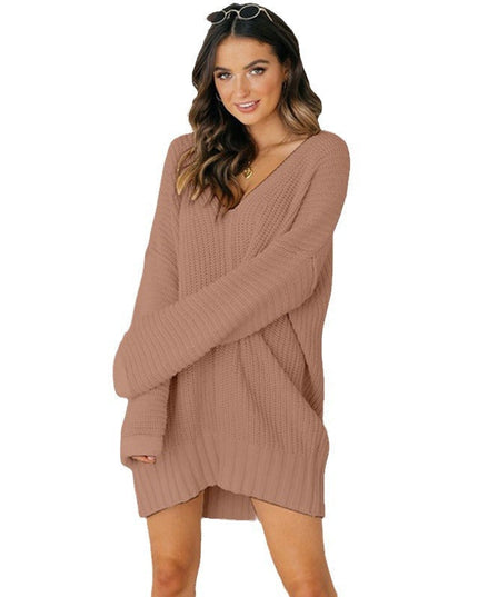 Women's Oversized V-Neck Sweater Dress with Long Sleeves