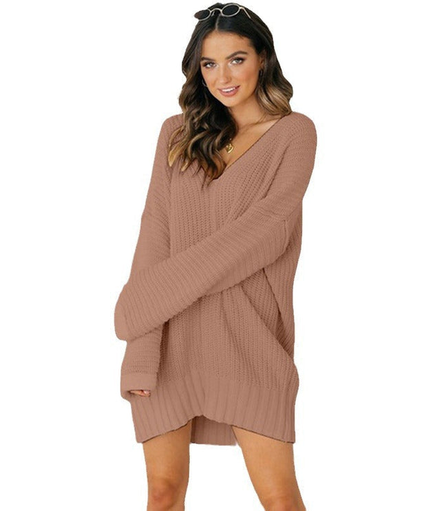Women's Oversized V-Neck Sweater Dress with Long Sleeves