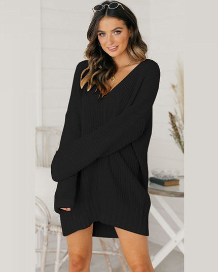 Women's Oversized V-Neck Sweater Dress with Long Sleeves