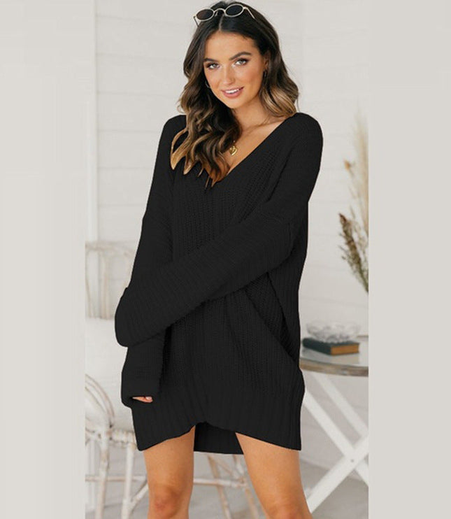 Women's Oversized V-Neck Sweater Dress with Long Sleeves