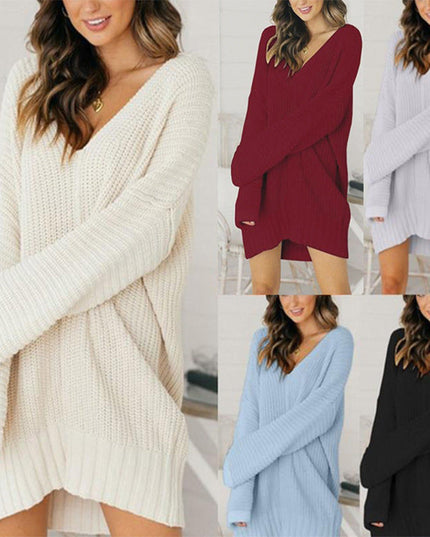 Women's Oversized V-Neck Sweater Dress with Long Sleeves