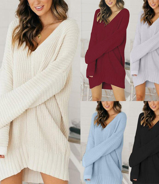 Women's Oversized V-Neck Sweater Dress with Long Sleeves