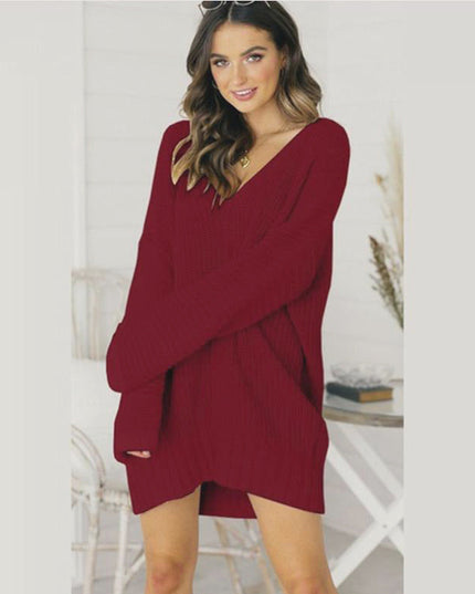 Women's Oversized V-Neck Sweater Dress with Long Sleeves