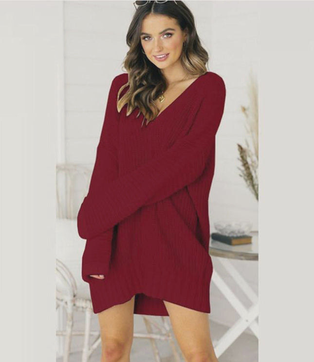 Women's Oversized V-Neck Sweater Dress with Long Sleeves