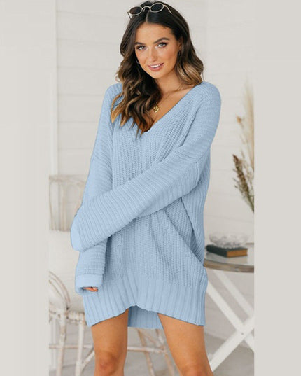 Women's Oversized V-Neck Sweater Dress with Long Sleeves